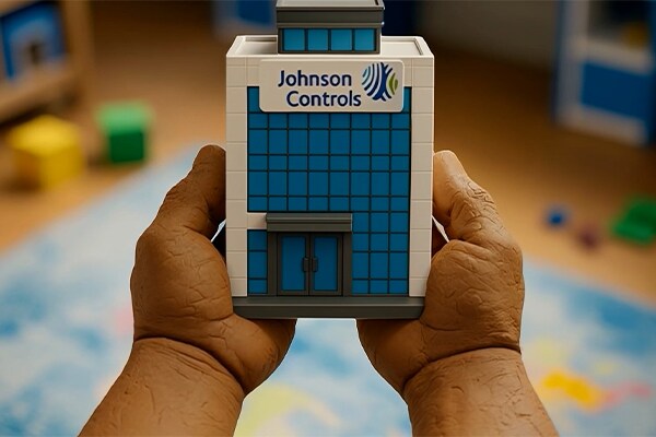 Hands holding a Johnson Controls plastic toy building