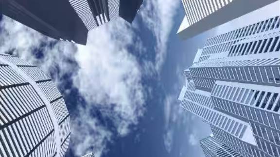 Frog's-eye view of skyscrapers against a daytime sky