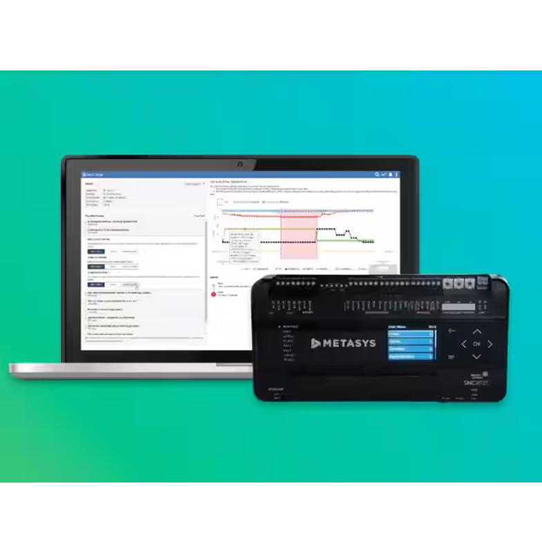A Metasys device with a laptop displaying the Metasys application