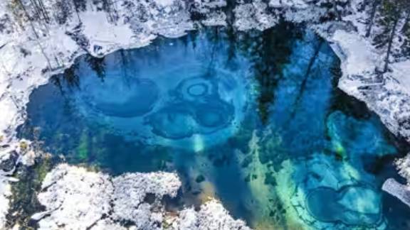 A puddle of frozen water surrounded by snow and bare trees