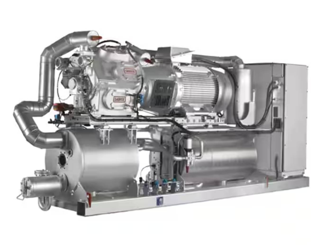 A gray heat pump against a white background
