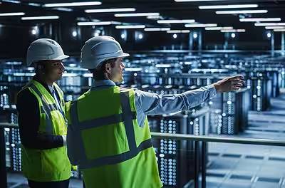 Two engineers in a facility, with one of them pointing at a distance