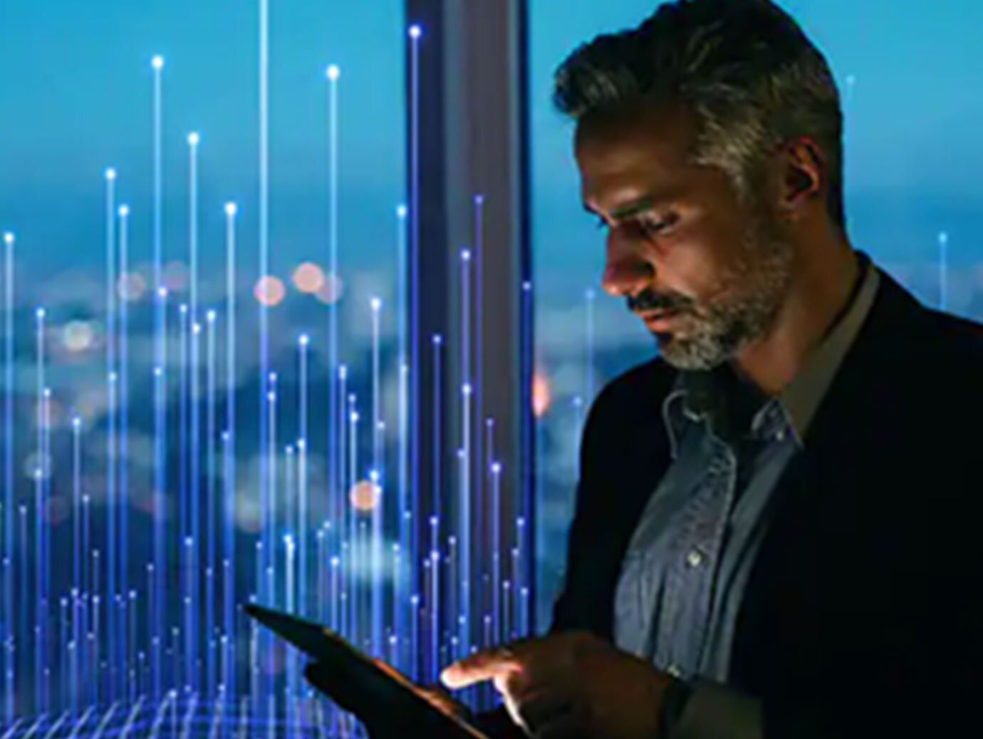 man scrolling with cityscape background