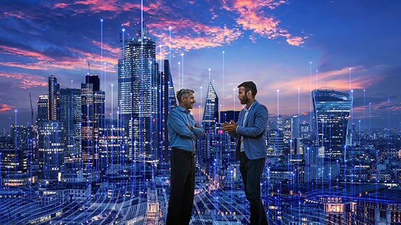 two men digital communication graphic