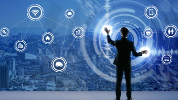 man with interface hologram