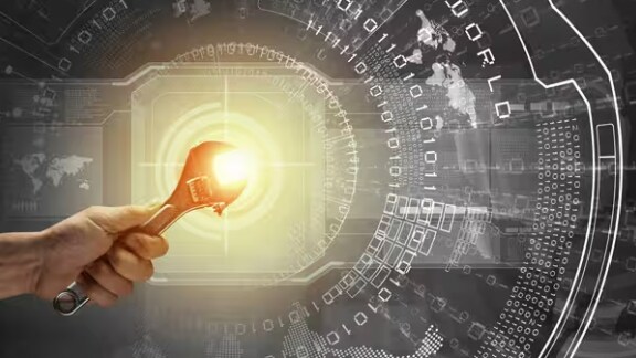 A hand holding a wrench overlaid on a background of binary numbers