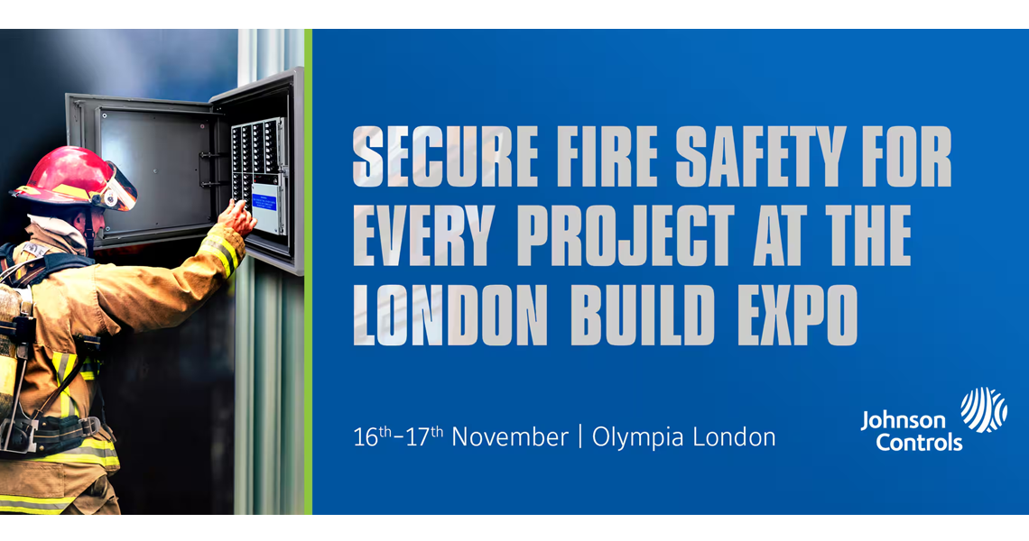 A firefighter operating a panel, with a poster for the London Build Expo overlaid above