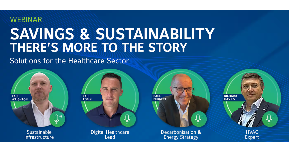 A poster for a webinar on savings and sustainability, with pictures of the speakers 