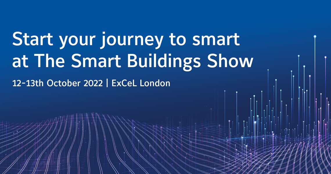 A blue poster for the Smart Buildings show at ExCeL, London