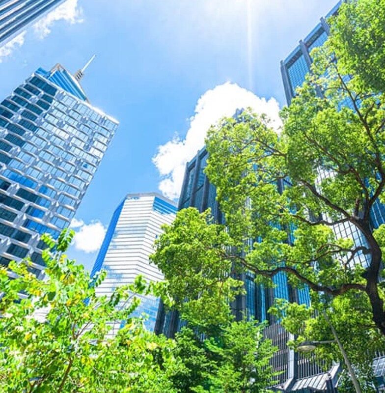 Modern office buildings surrounded by green trees