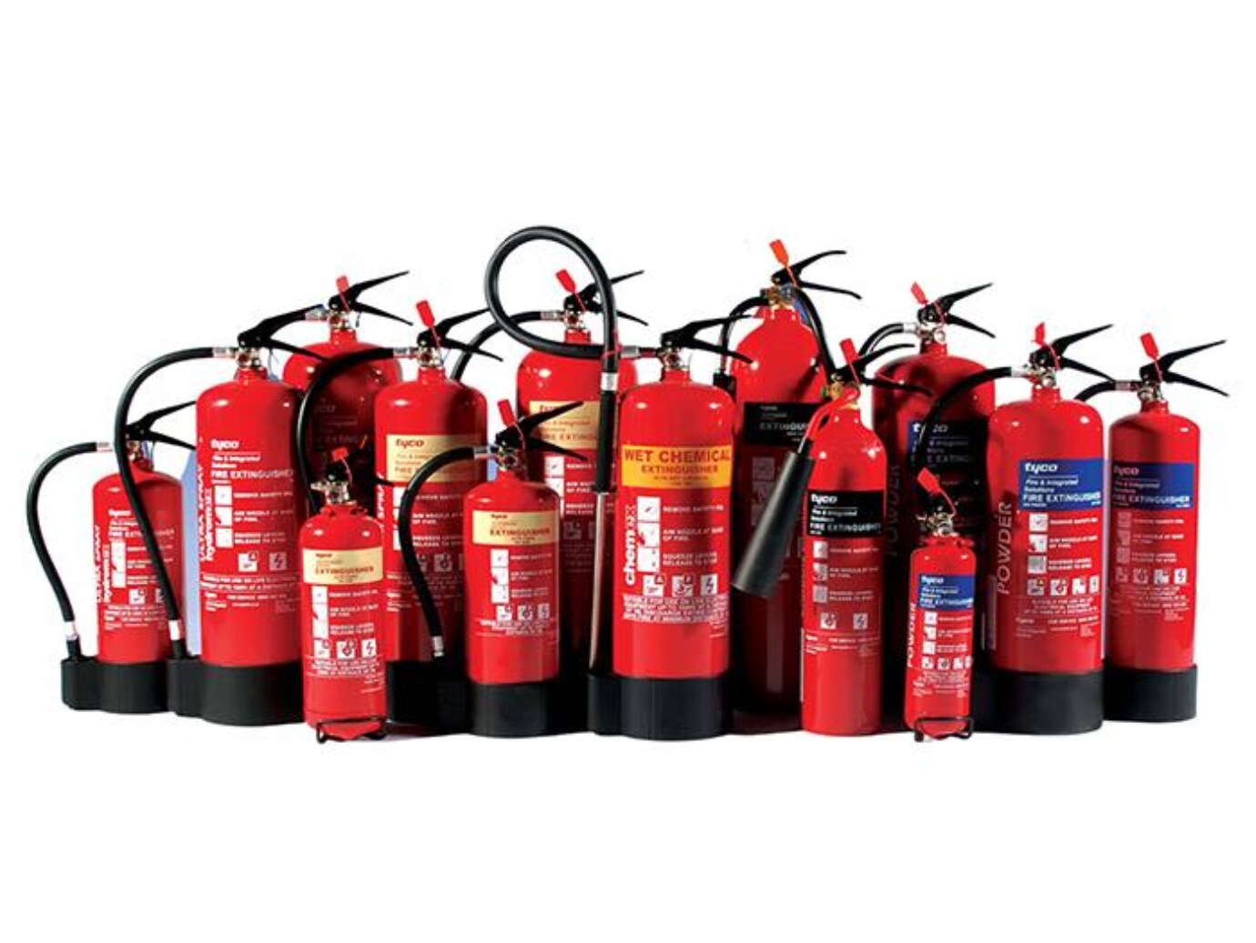 A collection of fire extinguishers