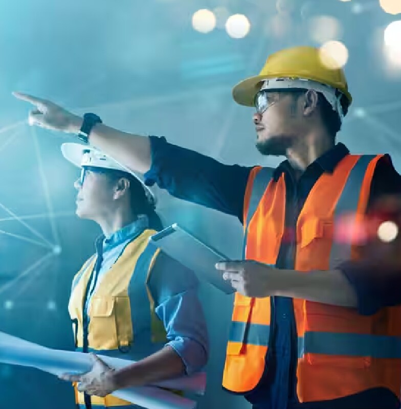Maintenance workers pointing at a distance