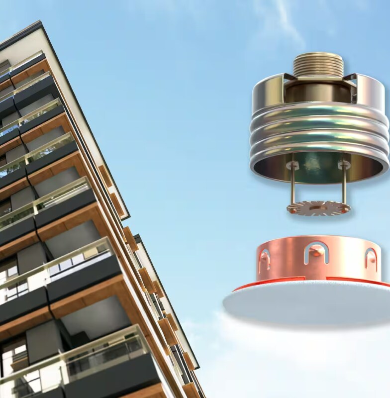 Frog's-eye view of a high-rise flat with a fire sprinkler overlayed on it