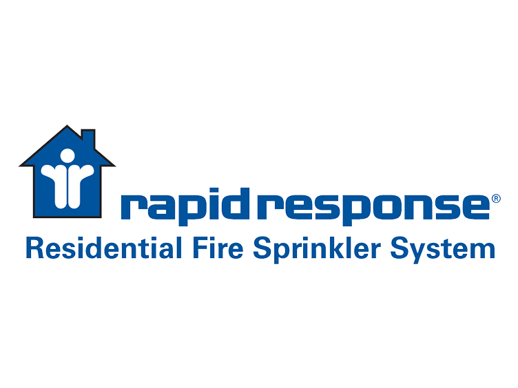 Logo of the brand Rapid Response, showing a graphic of a blue house with a white graphic of a sprinkler in it