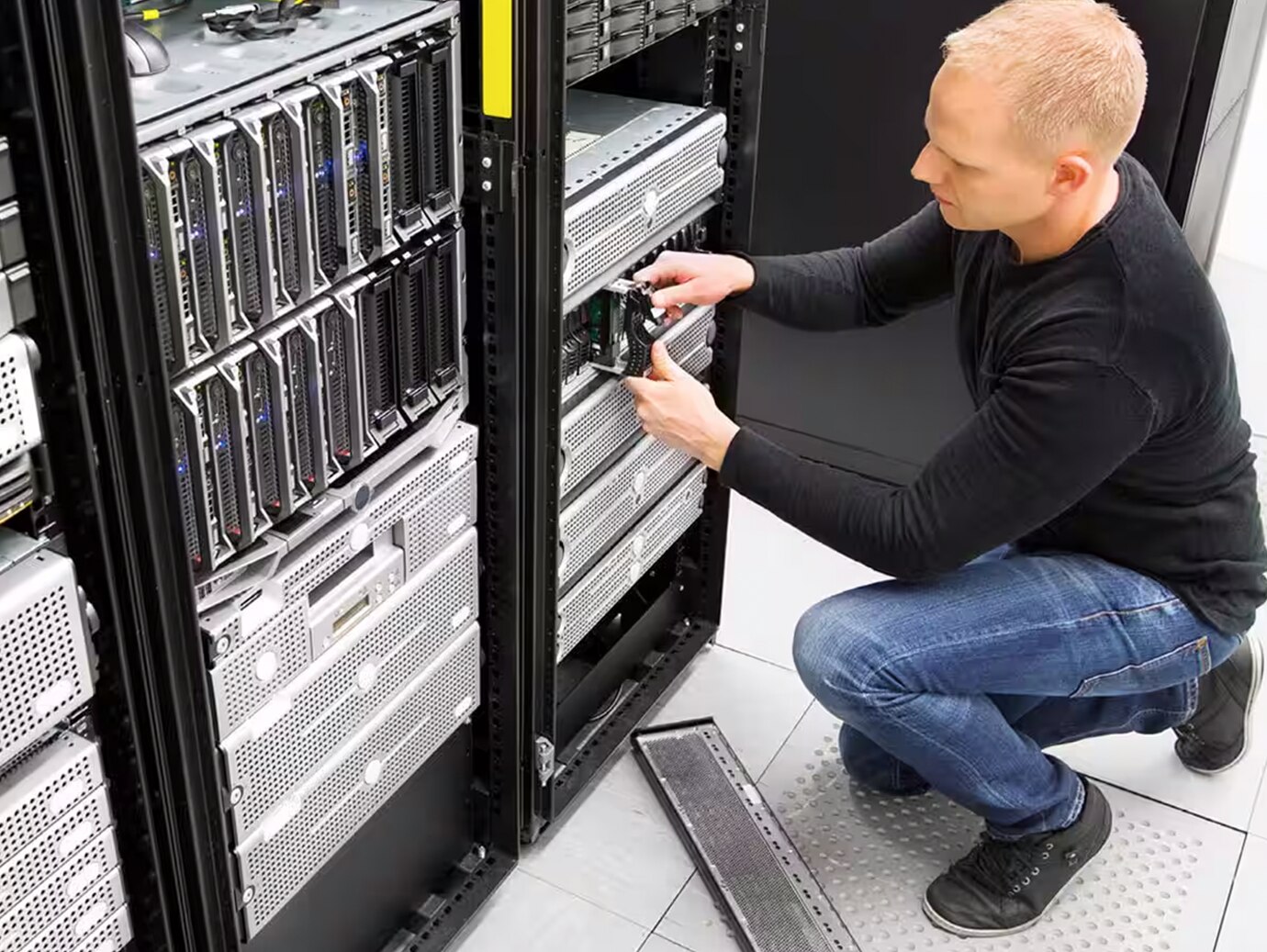 Man kneeling and operating a control panel in a server room
