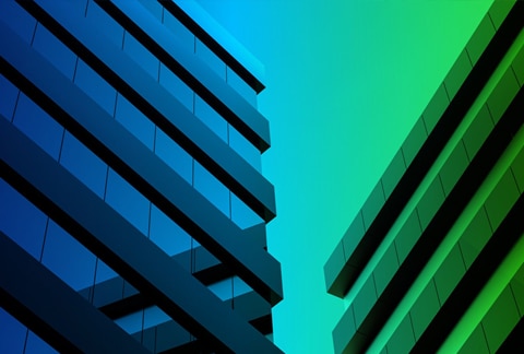 A pair of corporate buildings, overlaid with a blue-green gradient