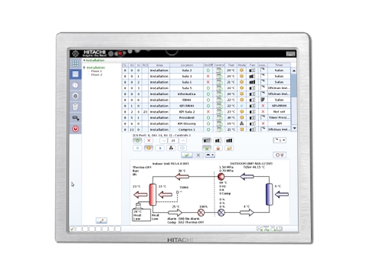 A tablet showing a Hitachi control application
