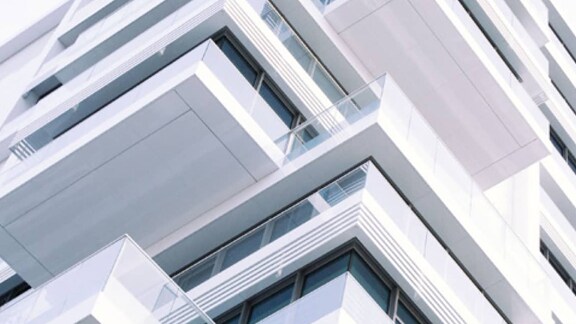 Frog's eye view of balconies of a building