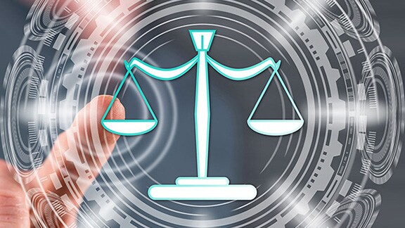 A hand tapping a balance scale icon