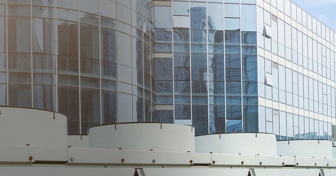 Exterior of a tall, glass building