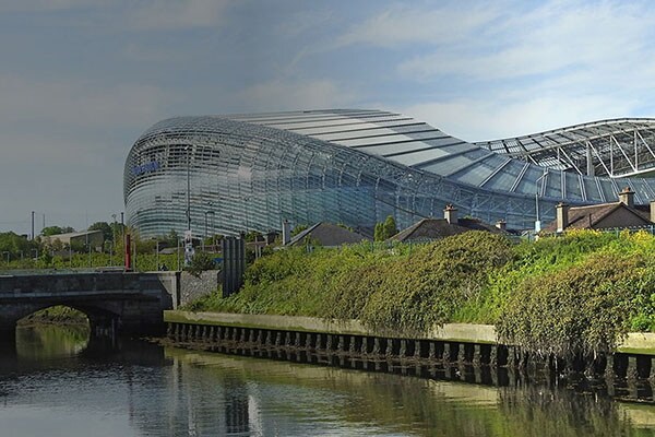 The Aviva stadium across river Dodder in Dublin, Ireland