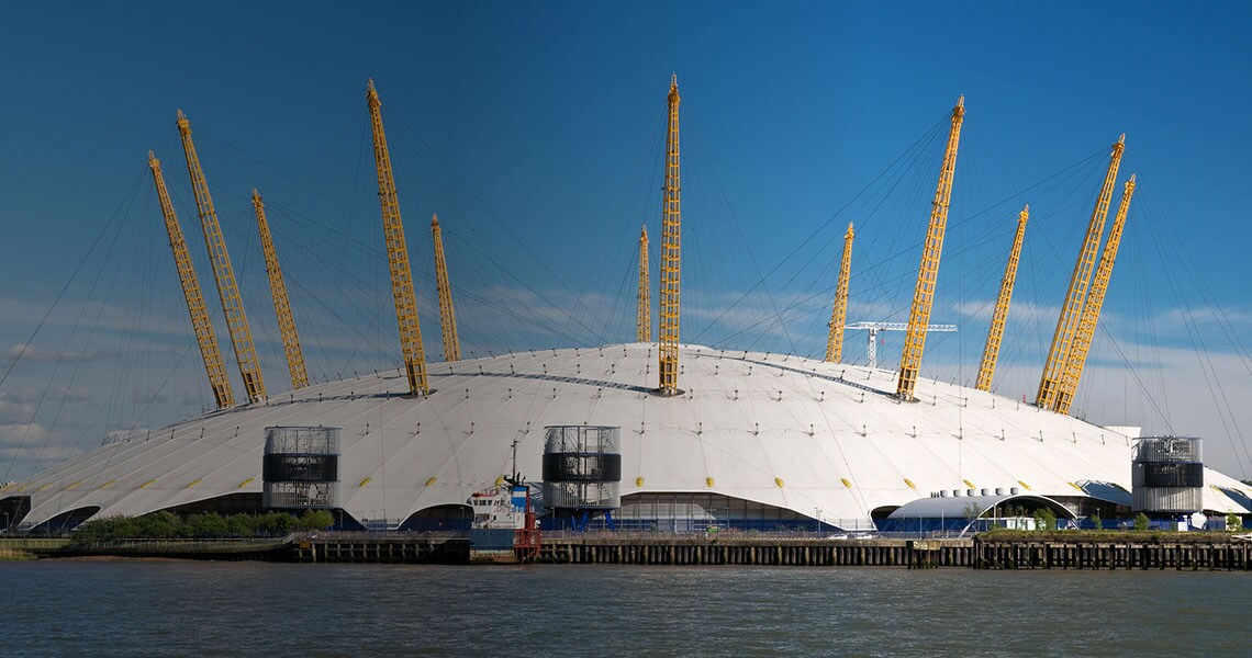 The O2 entertainment complex across the Thames river in London