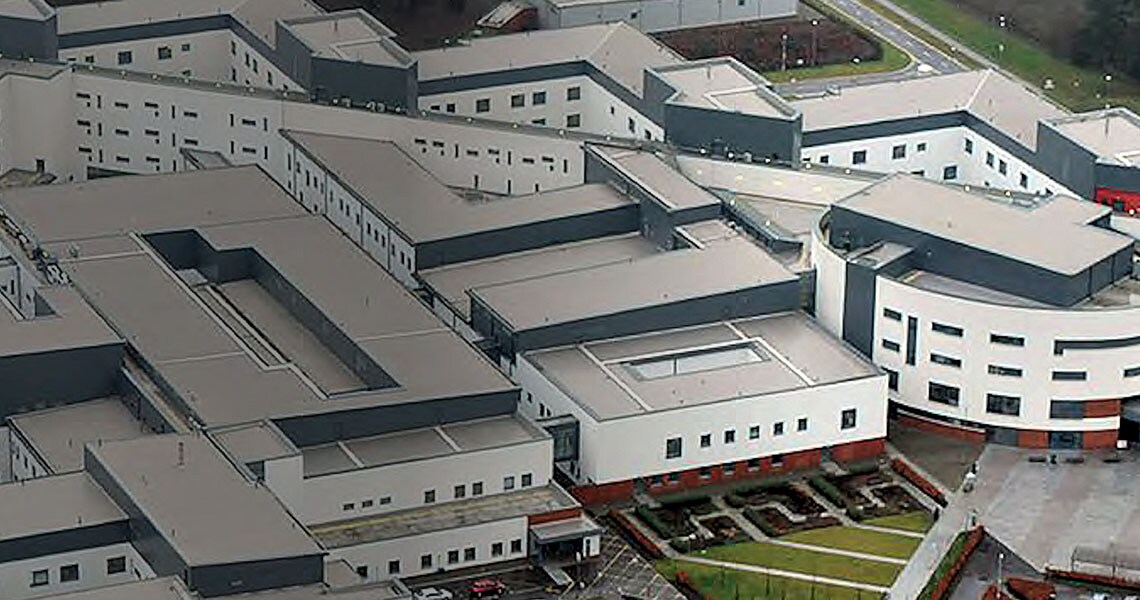 Bird's eye view of the Forth Valley Royal Hospital in Scotland, UK