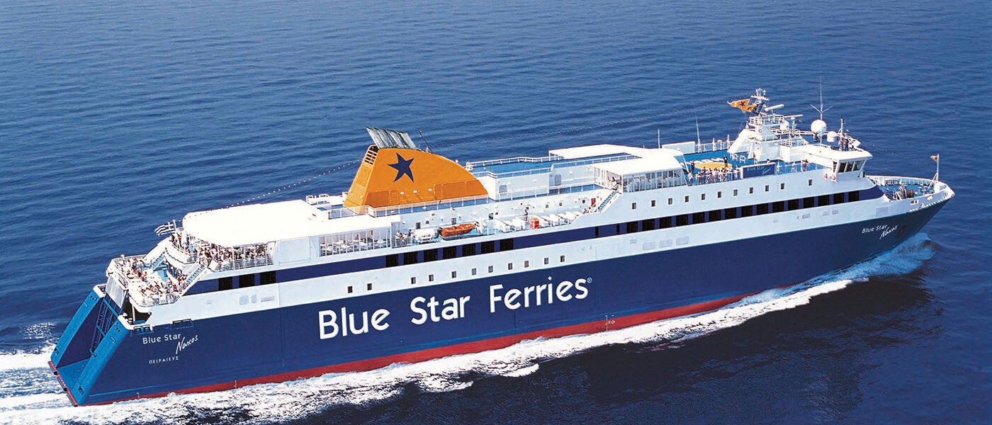 A ship sailing in the ocean with Blue Star Ferries written on its side