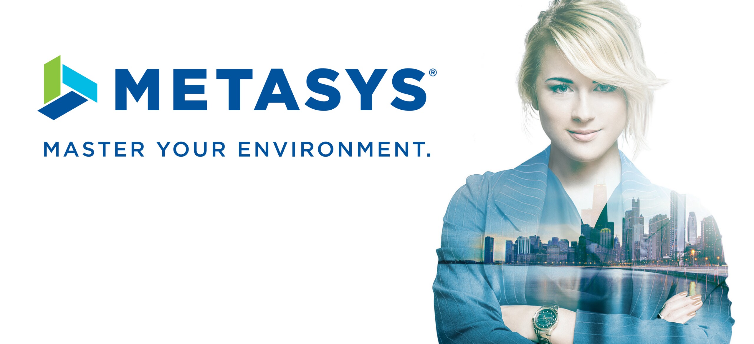 City skyline superimposed on an image of a woman with text 'Metasys, Master your environment'