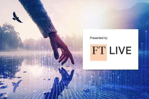 A man touching the water in a pond with a bird flying in the background with text 'Presented by FT Live' and modern graphics