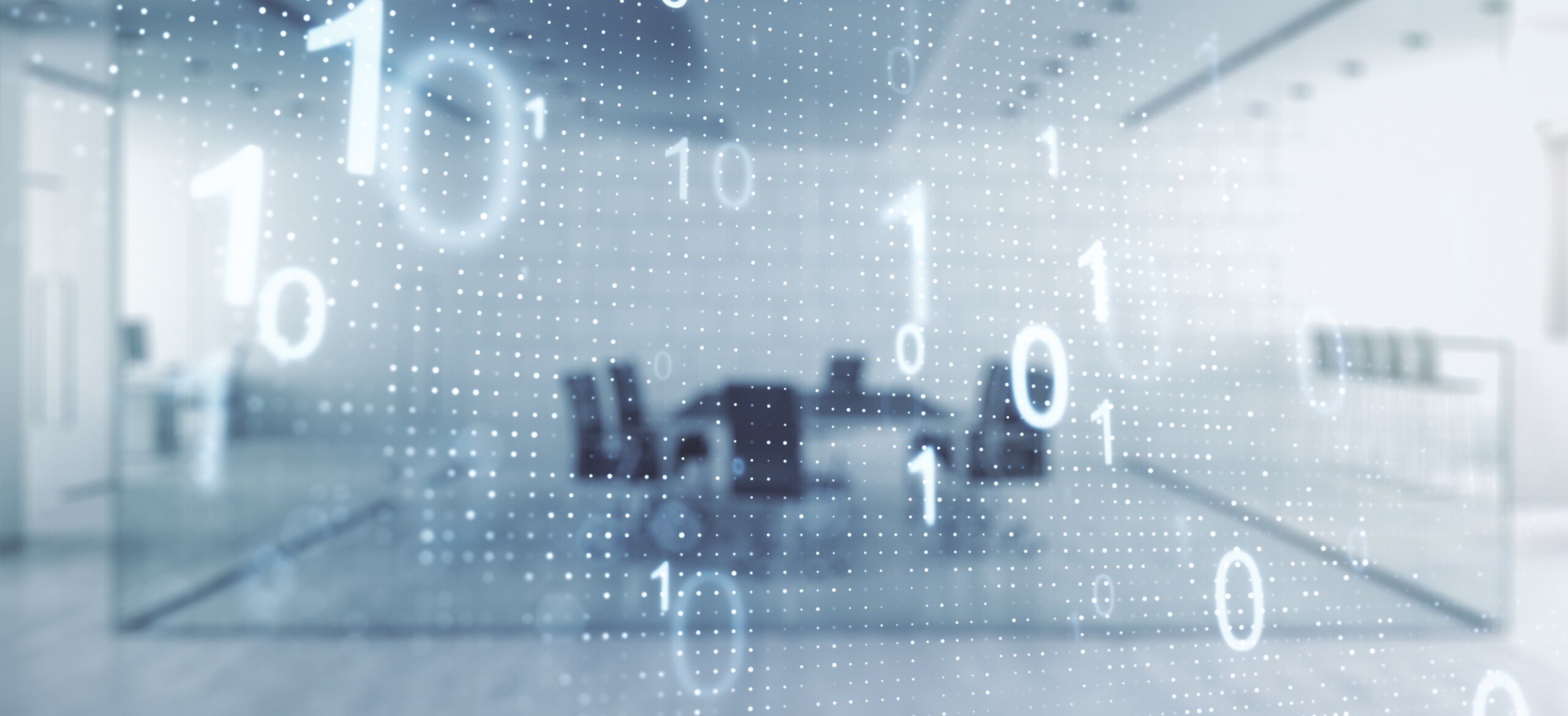 Graphics of dots and binary numbers superimposed on a blurry image of a conference room