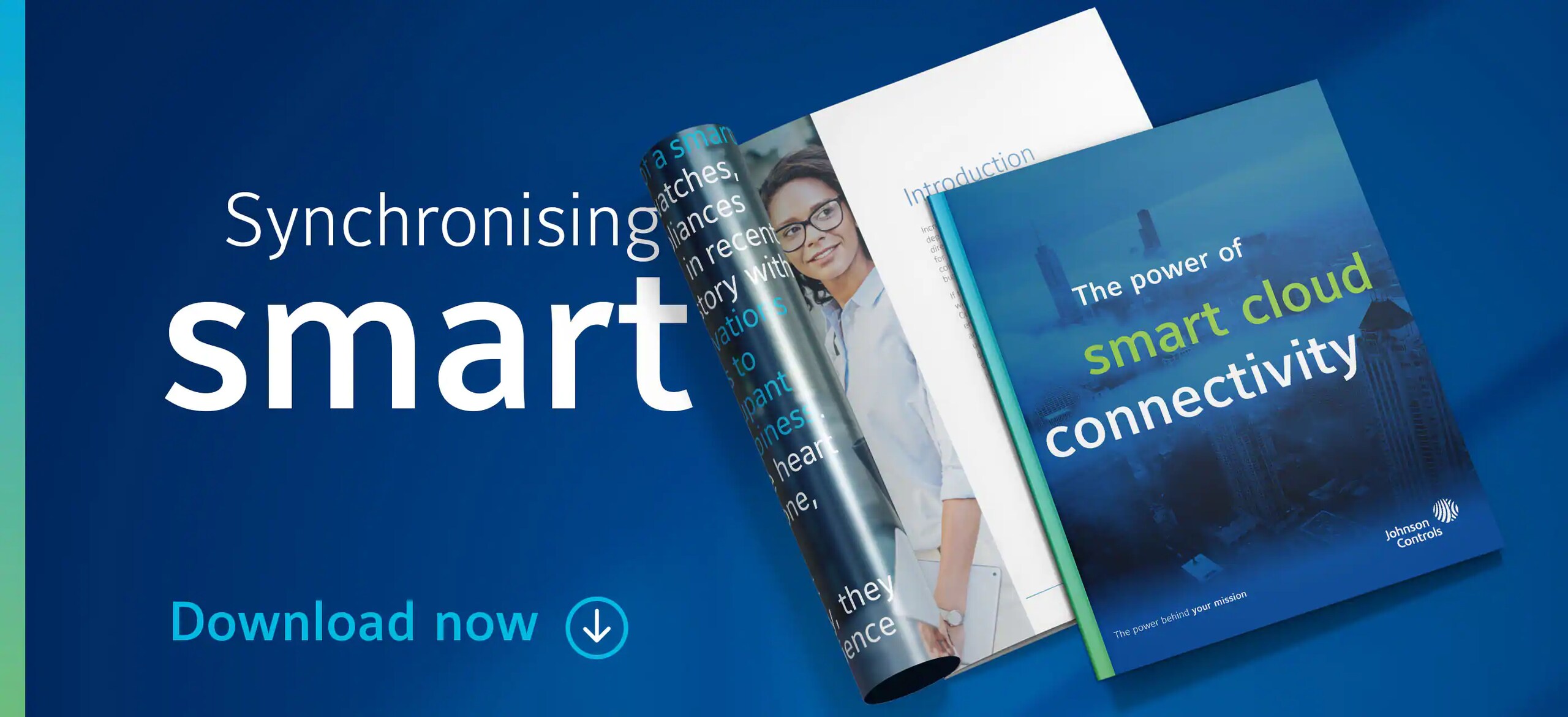 Two magazines with one half-rolled and text that reads 'Synchronizing Smart, Download Now'