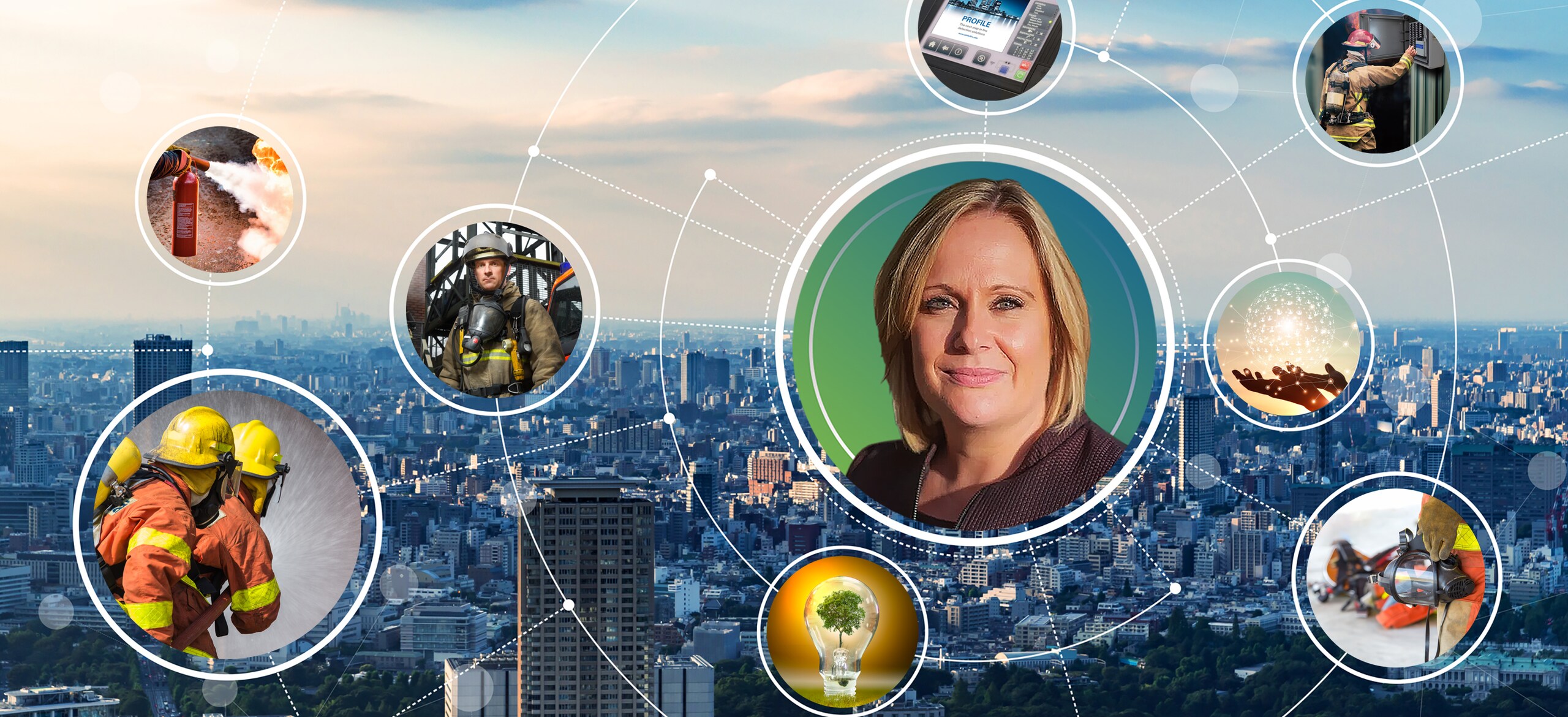Circular picture of Sarah Dixon along with other images depicting fire suppression overlaid on a cityscape