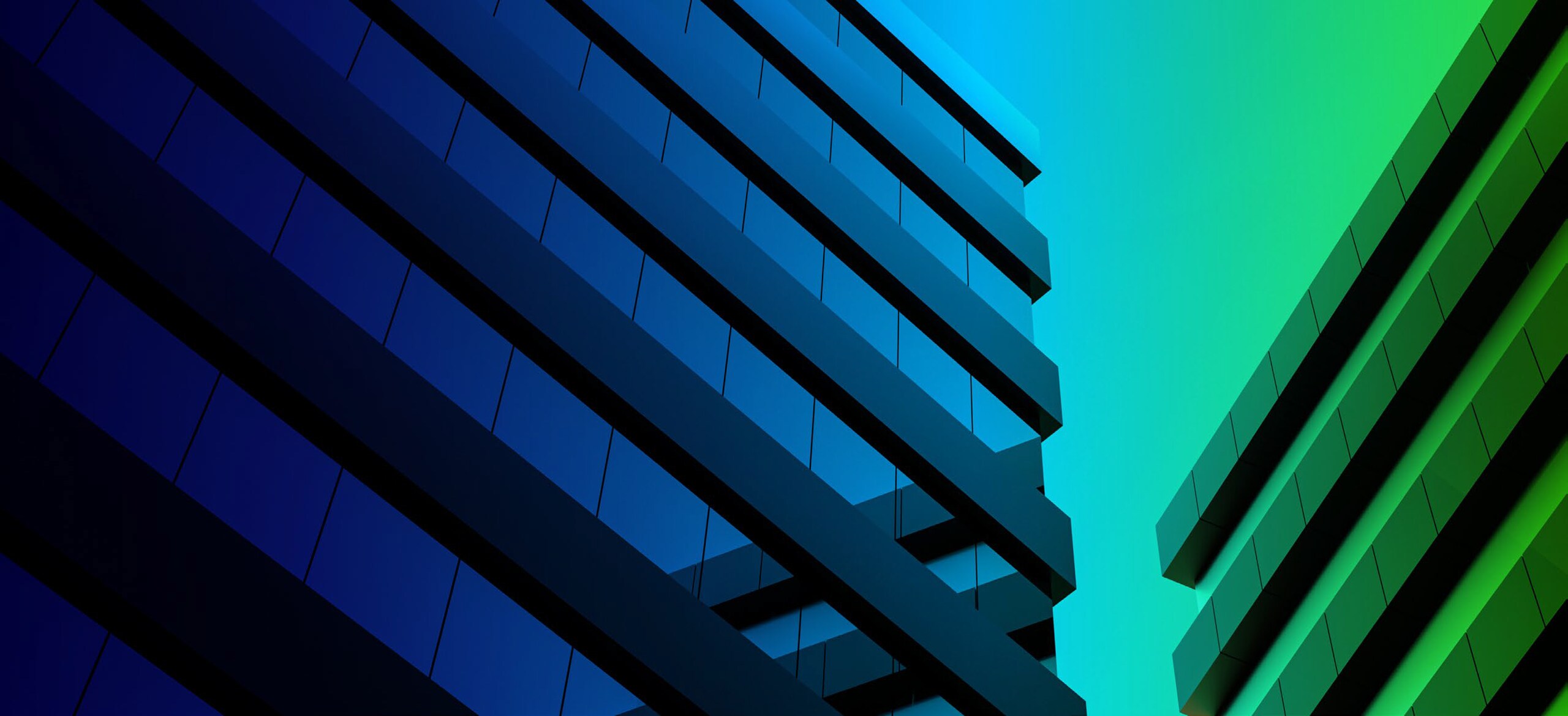 Exterior of two modern buildings with a green and blue overlay