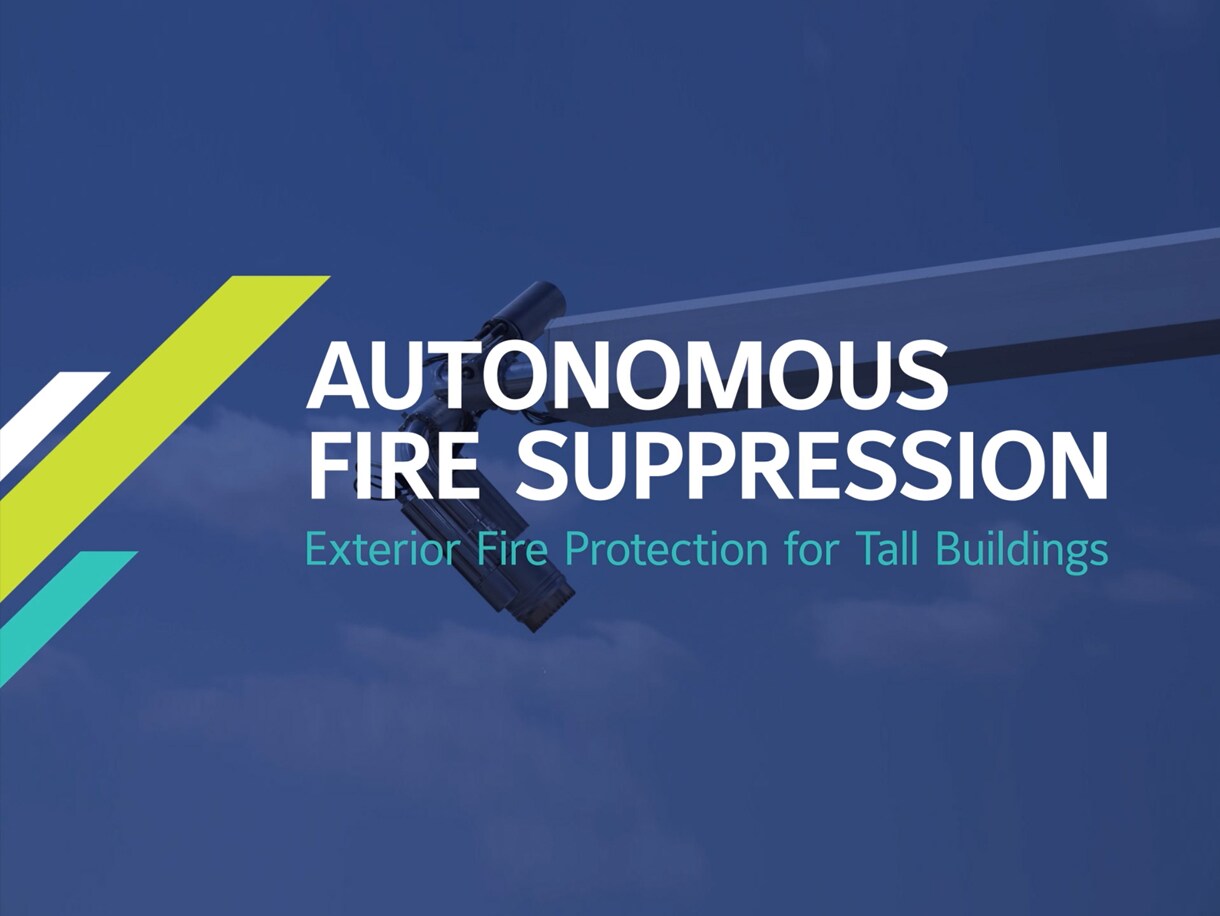 'Autonomous Fire Suppression' is written in white on a dark blue background and 'exterior fire protection for tall buildings' is written below in light blue