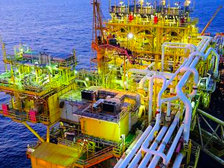 Aerial view of an oil rig platform at sea