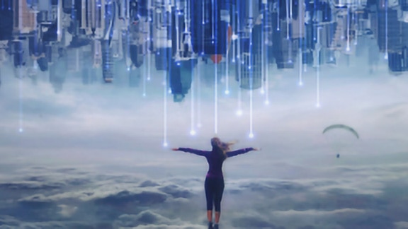 Woman on clouds with a holographic image of an inverted cityscape in the sky
