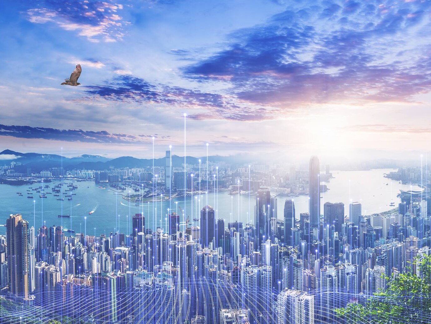 Aerial view of a city on a coast with graphics depicting transmission nodes