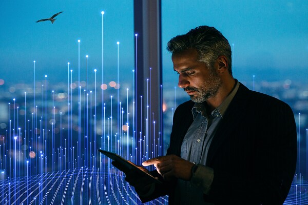man standing in openblue building