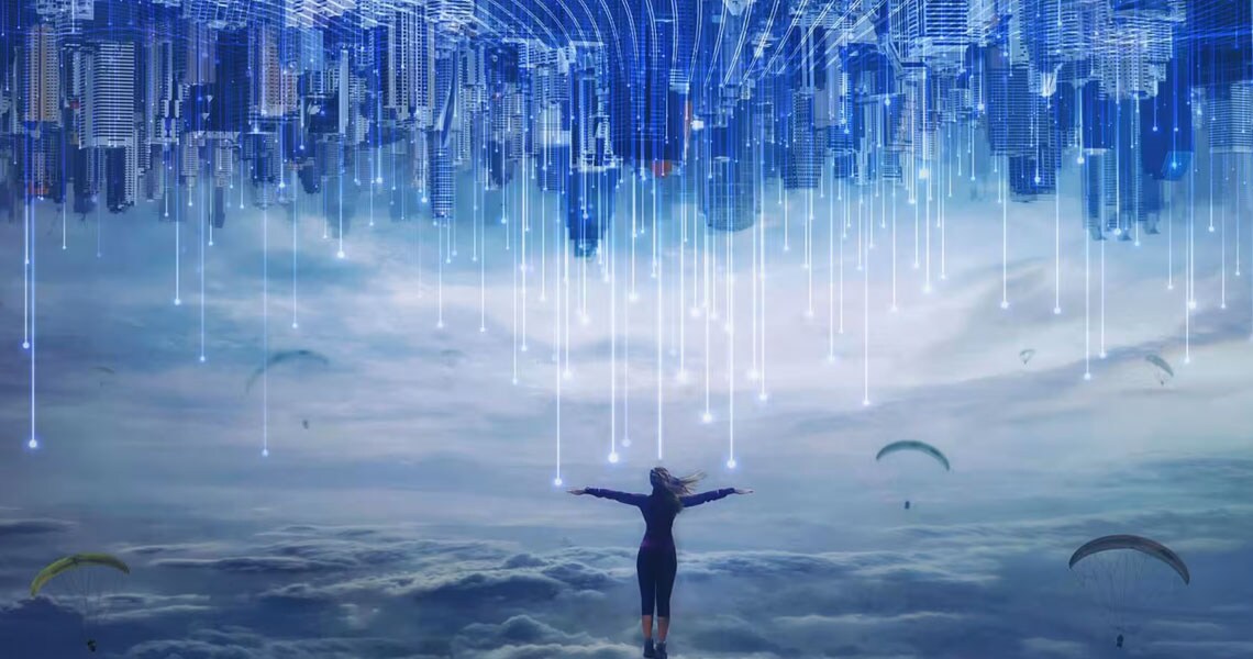 Inverted cityscape with a rear view of a woman with her arms open and open parachutes in the background