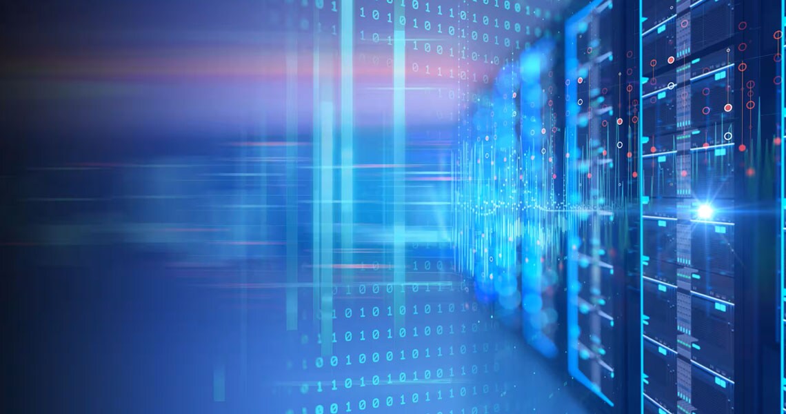 A digital data center with the binary code