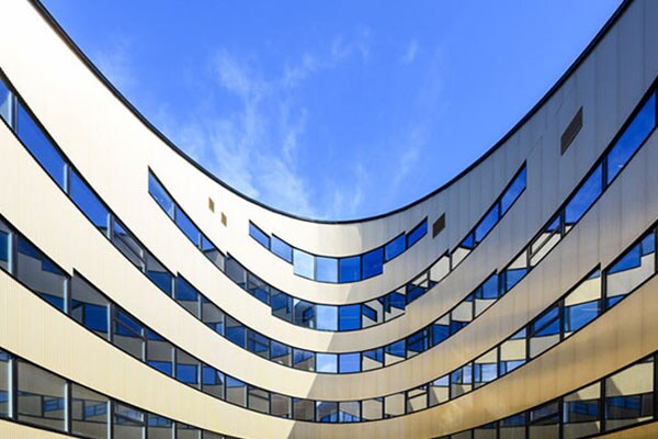 A curved, modern building