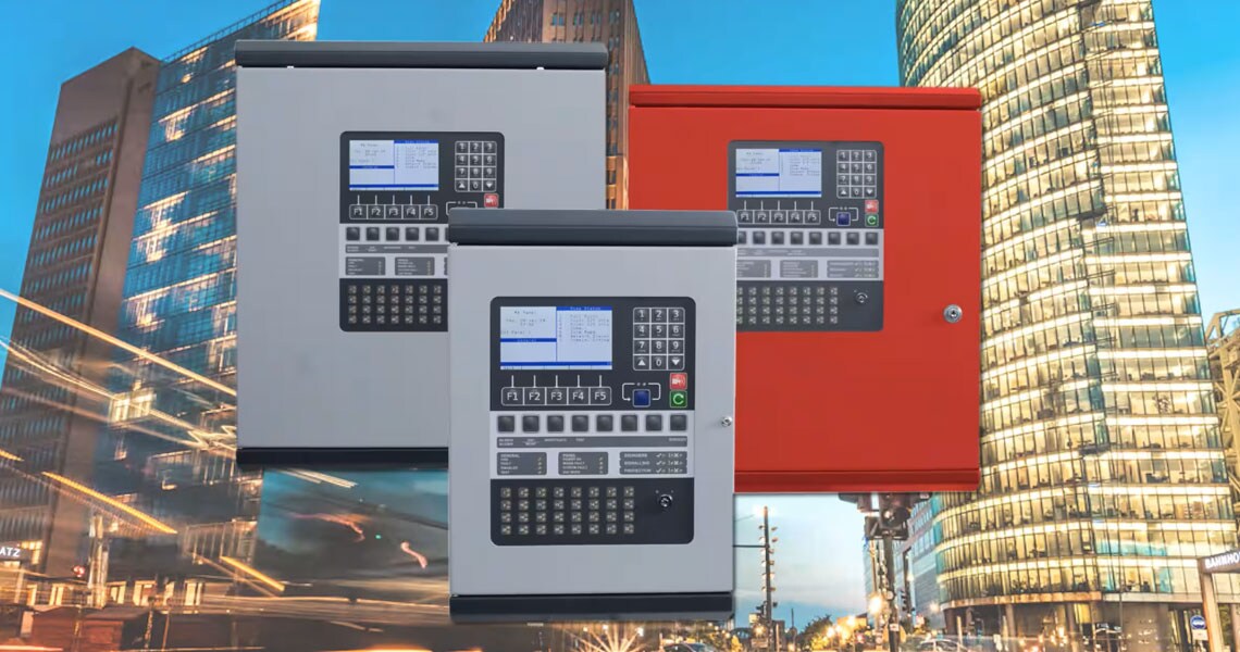 Three control panels with the background of skyscrapers