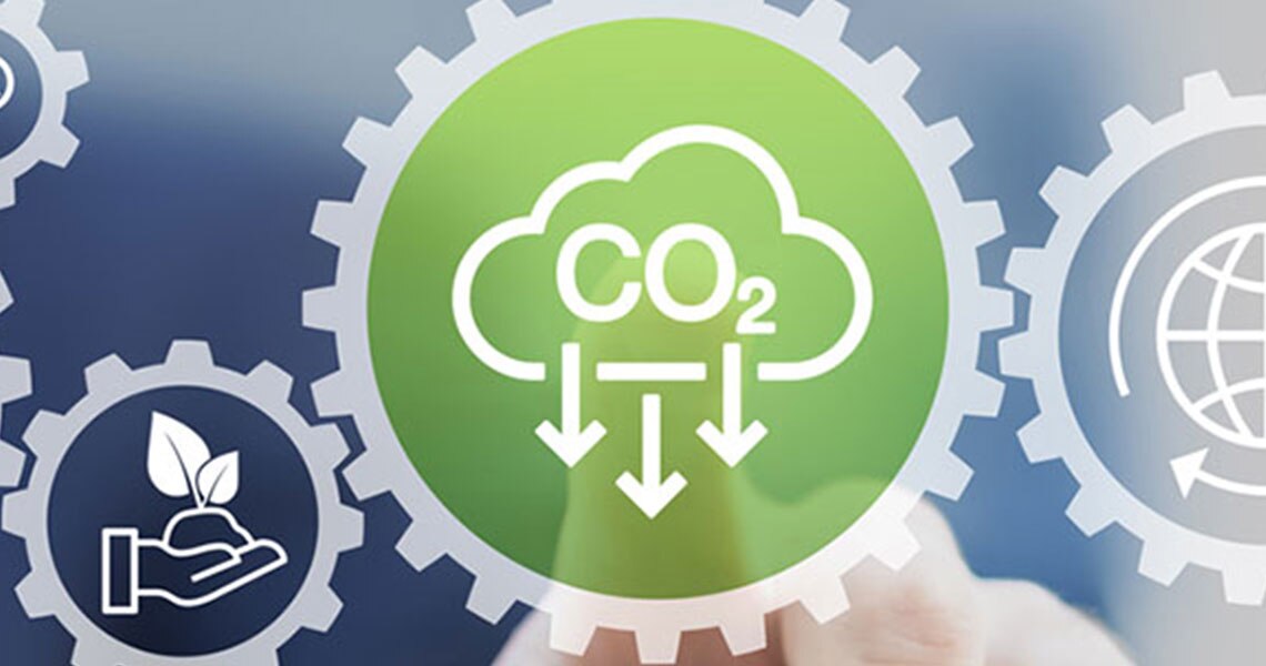 Graphic with a blurred background showing icons related to lowering carbon emissions