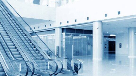 modern buildings with escalators