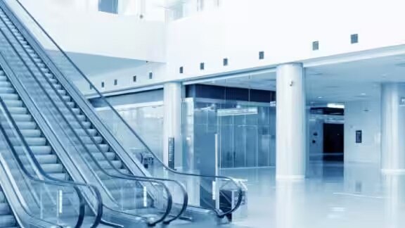 modern buildings with escalators
