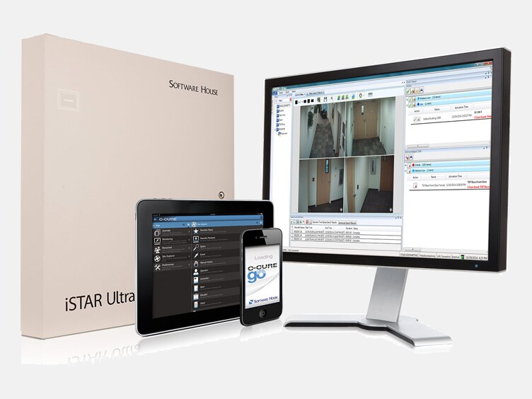 iStar Ultra next to three mobile devices displaying the c cure application