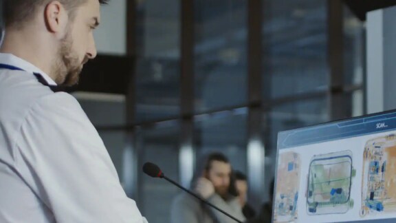 a man checking bag and a laptop scanning software graphic on its screen