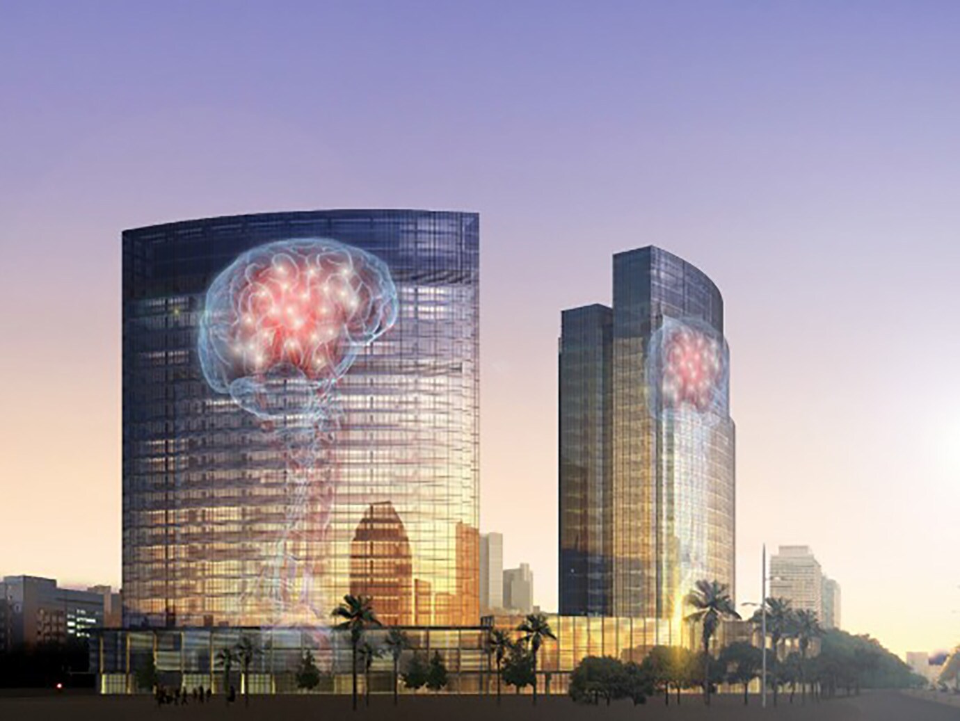 Two corporate buildings against a sunset, with a large hologram of a brain displayed on their surface