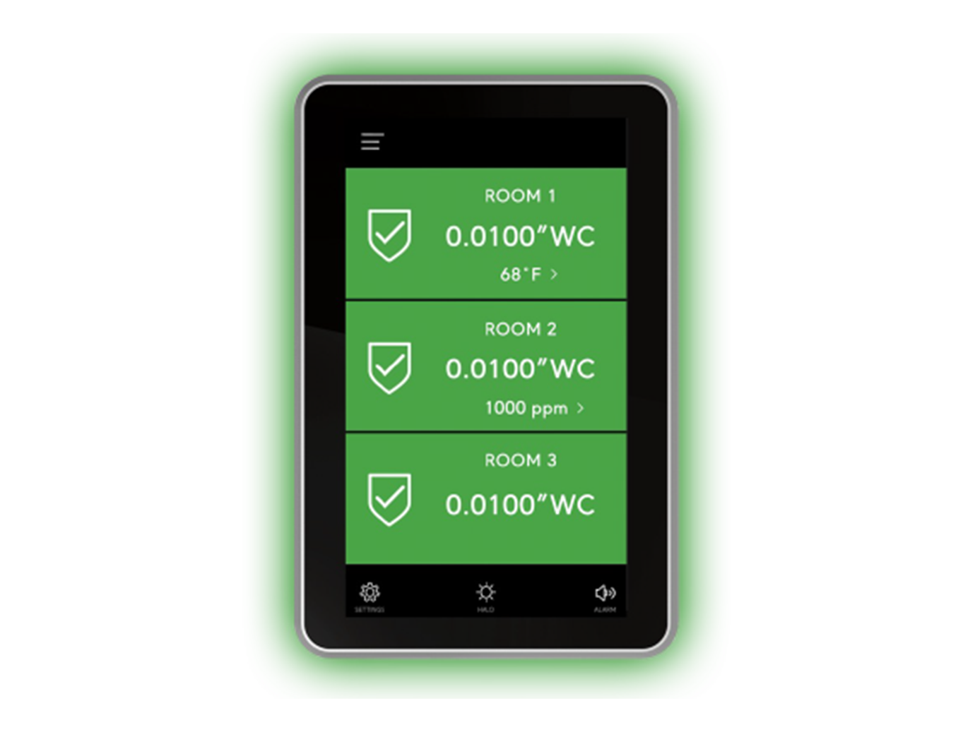 An FMS-2000M monitor displaying settings in various rooms